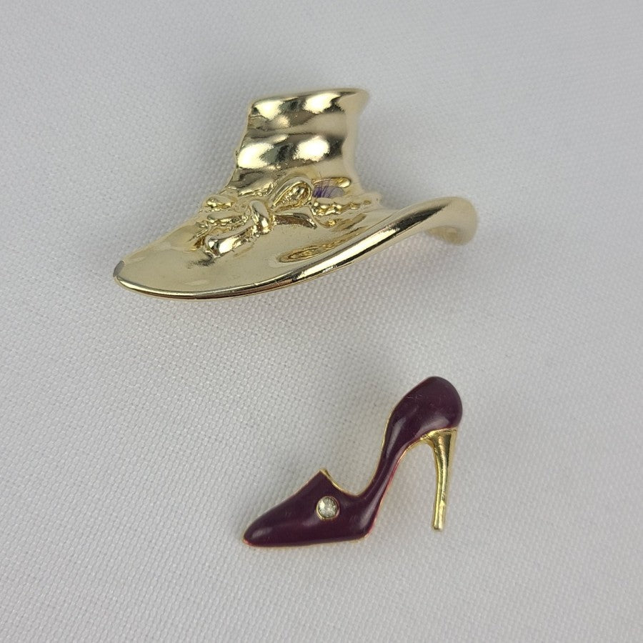 Vintage Gold Tone Hat & Purple Shoe Brooches