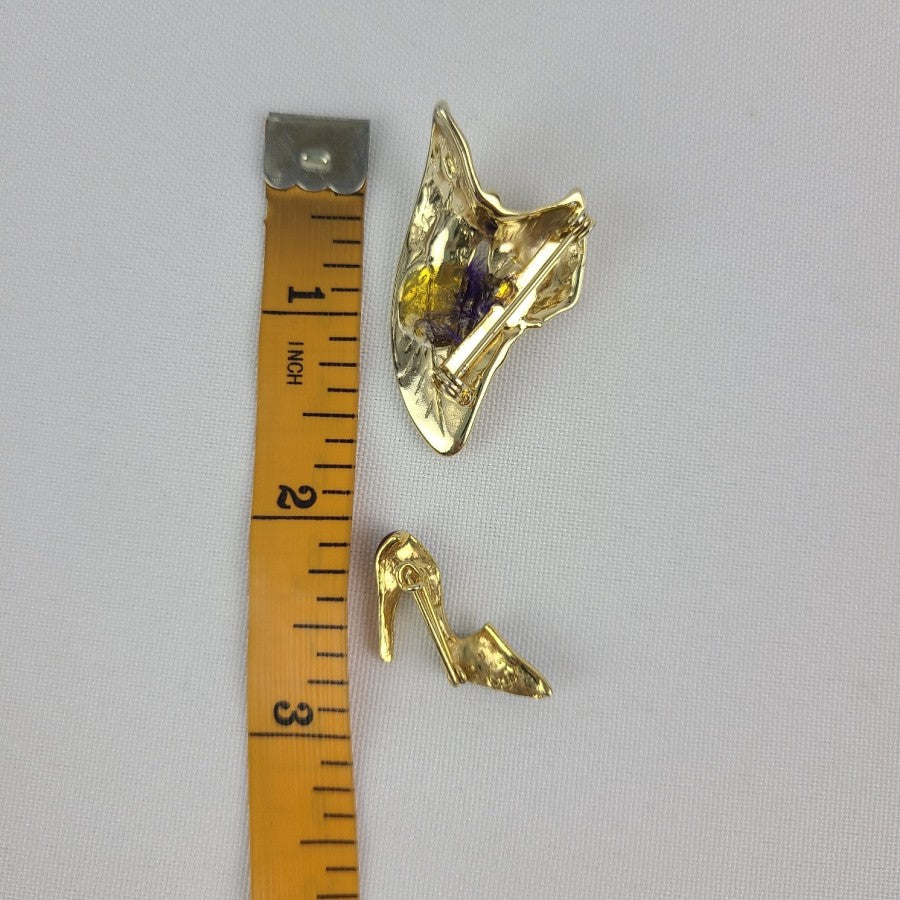 Vintage Gold Tone Hat & Purple Shoe Brooches