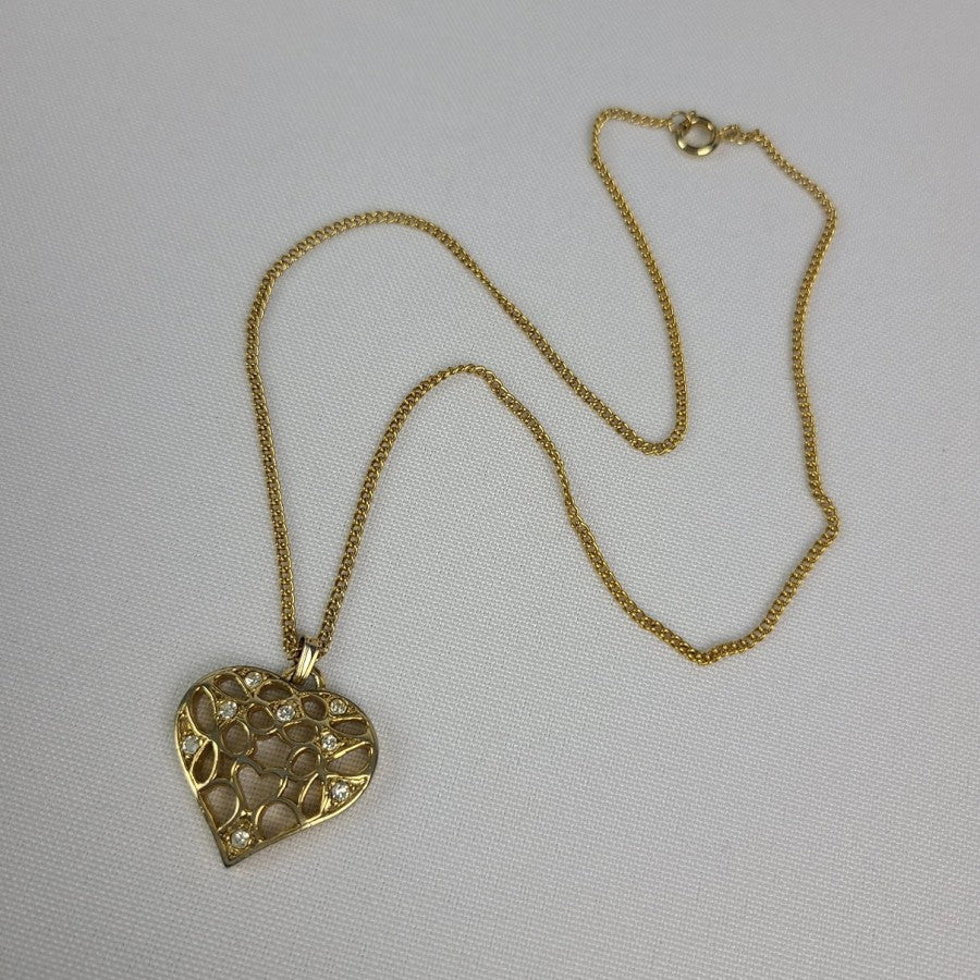 Gold Tone Rhinestone Heart Pendant Necklace