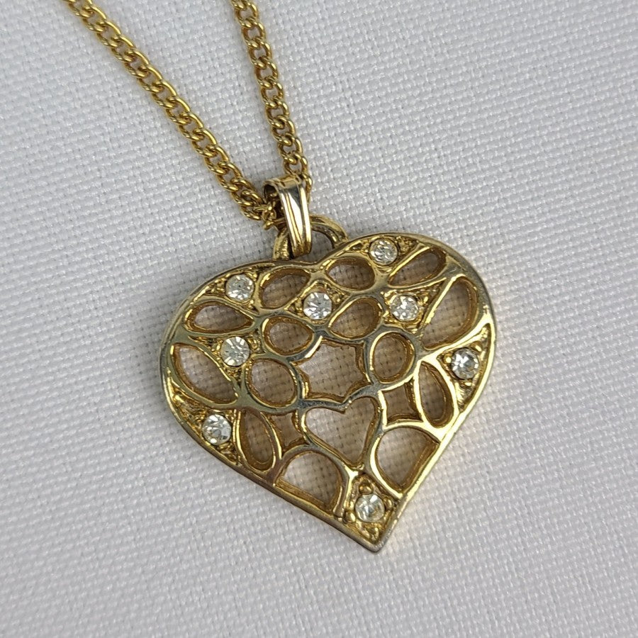 Gold Tone Rhinestone Heart Pendant Necklace