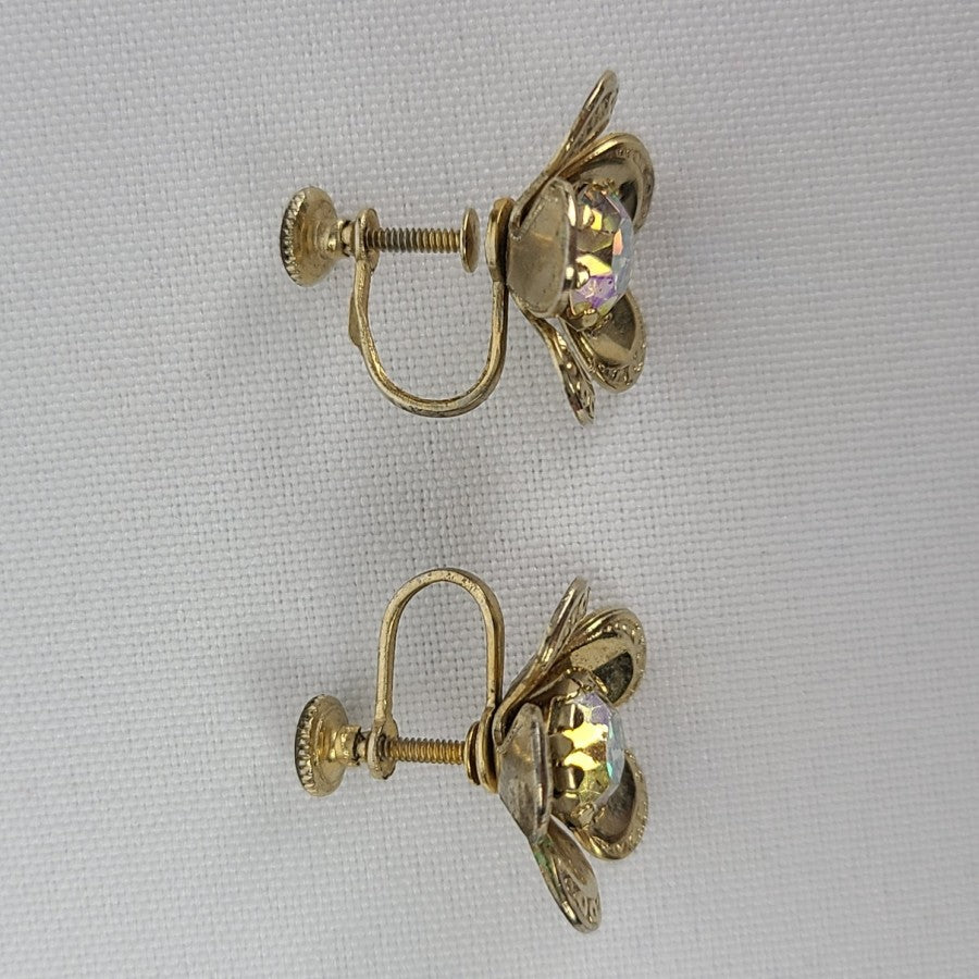 Vintage Gold Tone Aurora Borealis Flower Earrings Screw Back