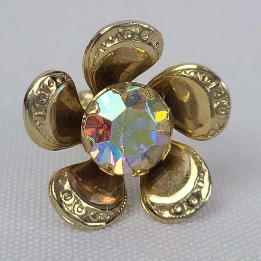Vintage Gold Tone Aurora Borealis Flower Earrings Screw Back