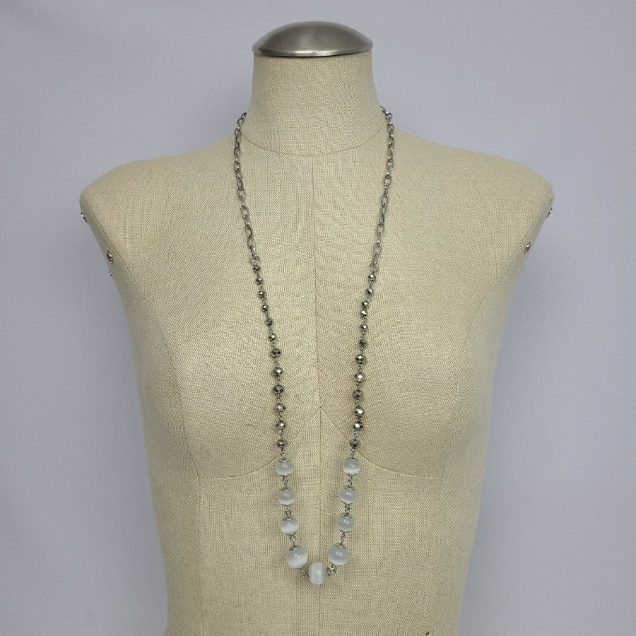Lia Sophia Grey Glass Beaded Silver Tone Long Necklace