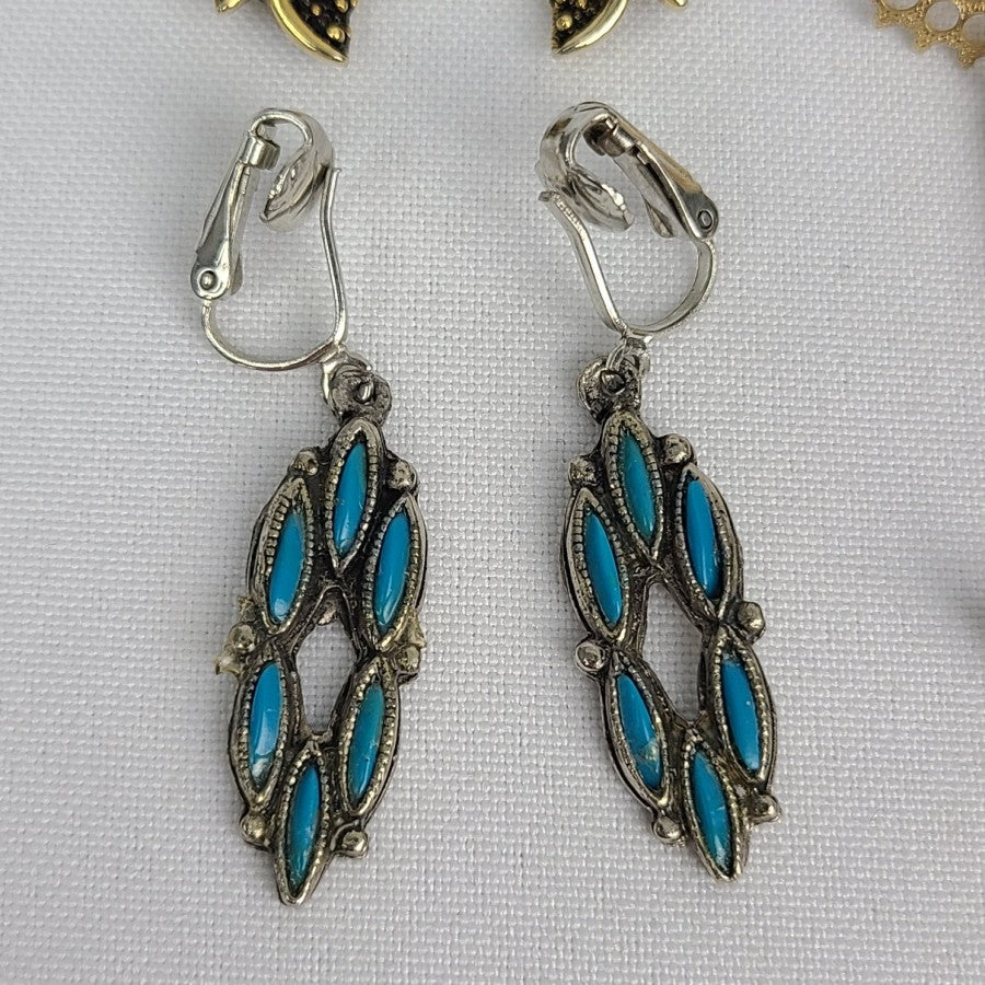 Gold Silver & Teal Clip On Earrings 4 Pairs