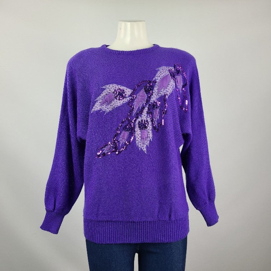 Vintage Impromptu Purple Sequined Flower Sweater Size M/L