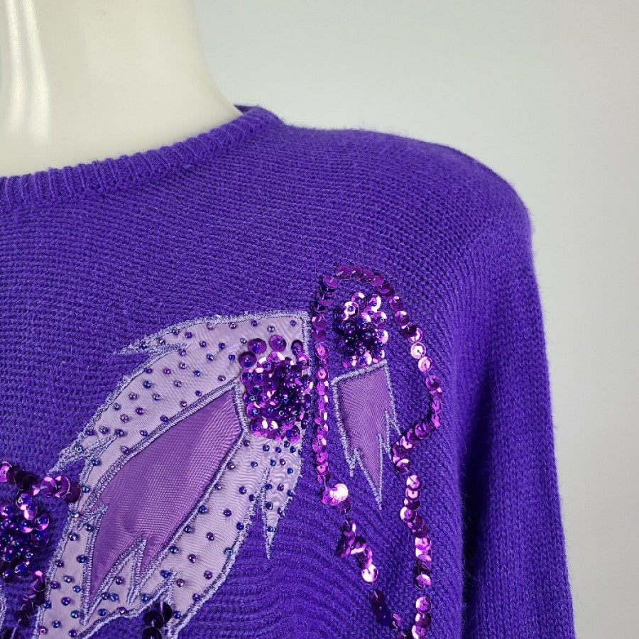 Vintage Impromptu Purple Sequined Flower Sweater Size M/L