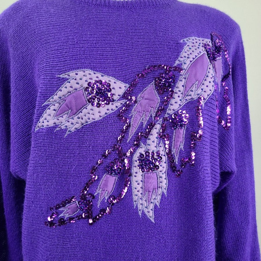 Vintage Impromptu Purple Sequined Flower Sweater Size M/L