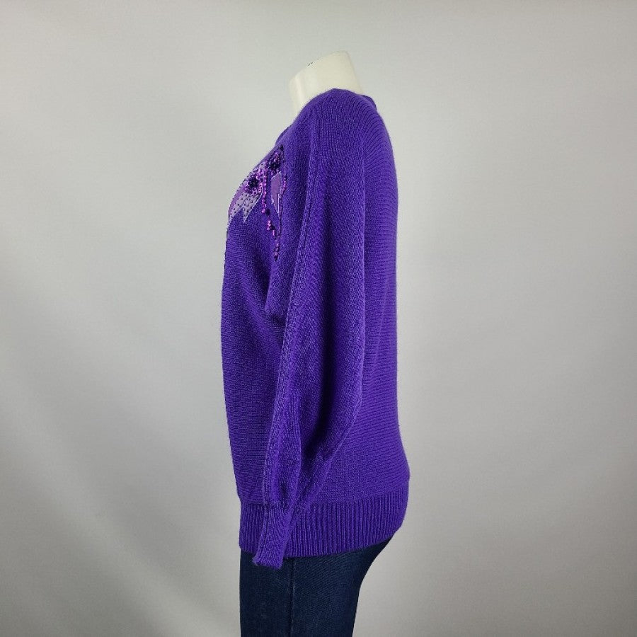 Vintage Impromptu Purple Sequined Flower Sweater Size M/L