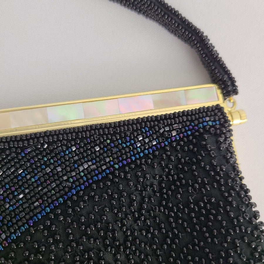 Vintage Black Beaded Mother Of Pearl Clutch Purse