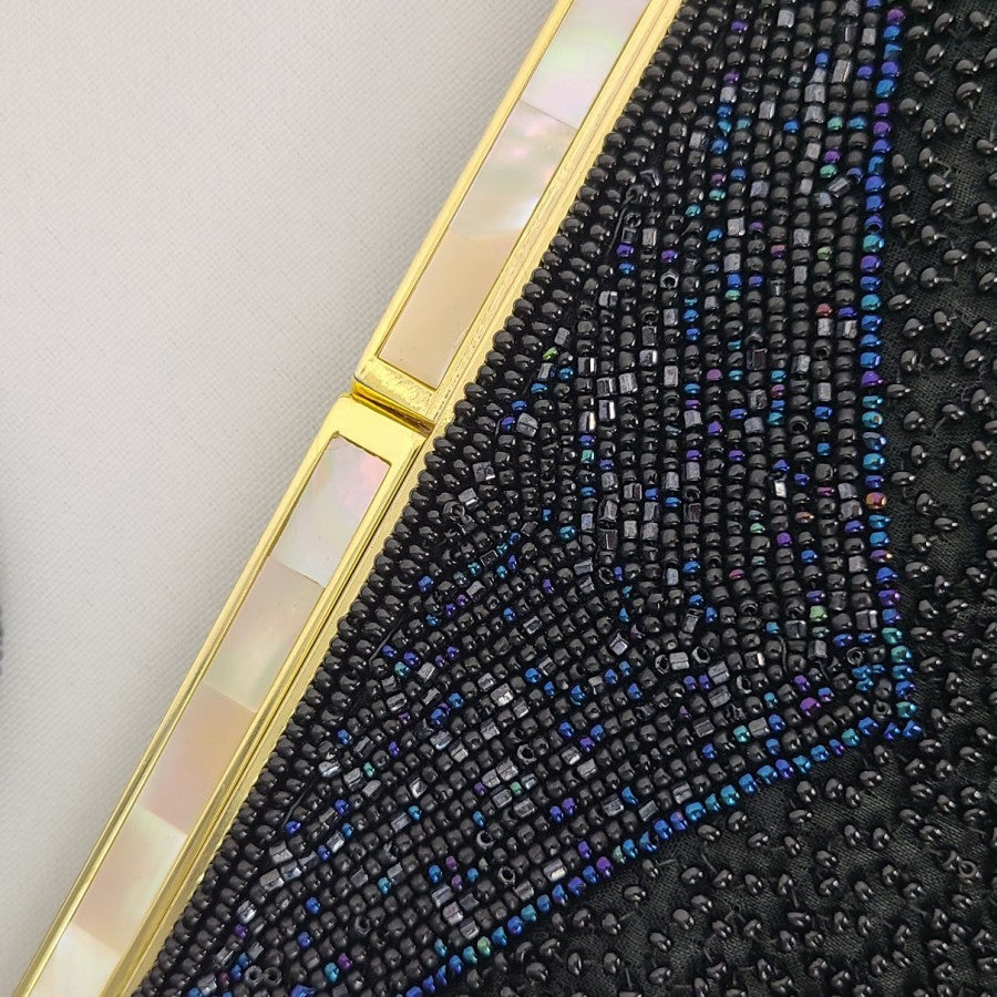 Vintage Black Beaded Mother Of Pearl Clutch Purse