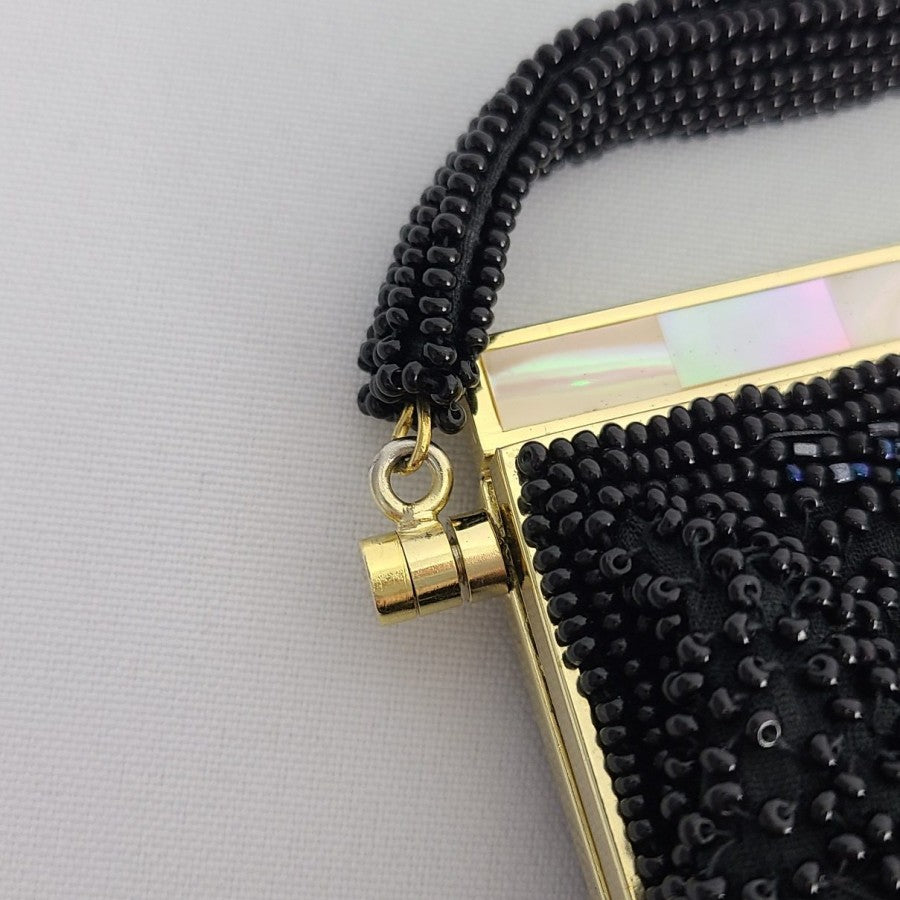 Vintage Black Beaded Mother Of Pearl Clutch Purse