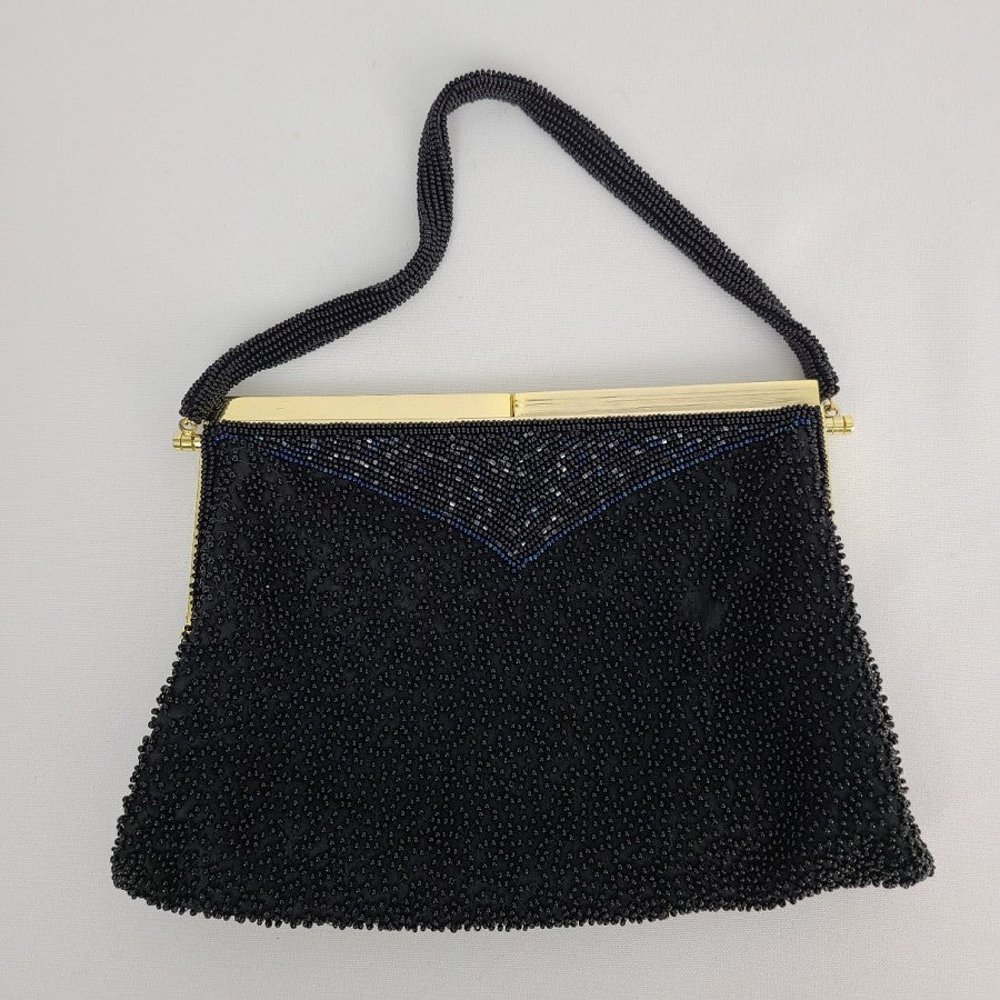 Vintage Black Beaded Mother Of Pearl Clutch Purse