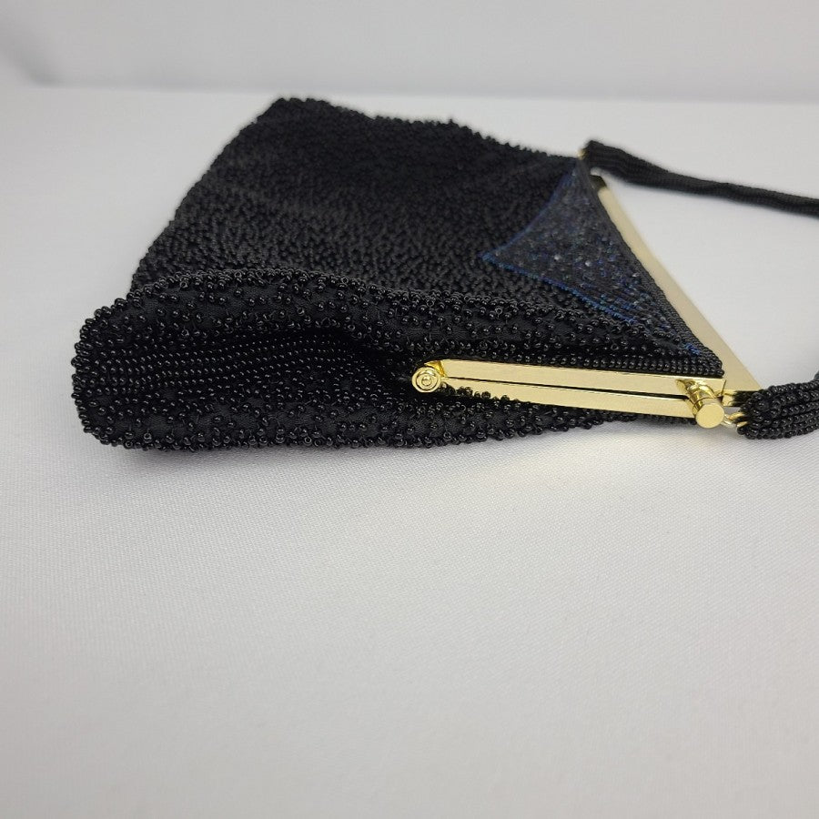 Vintage Black Beaded Mother Of Pearl Clutch Purse