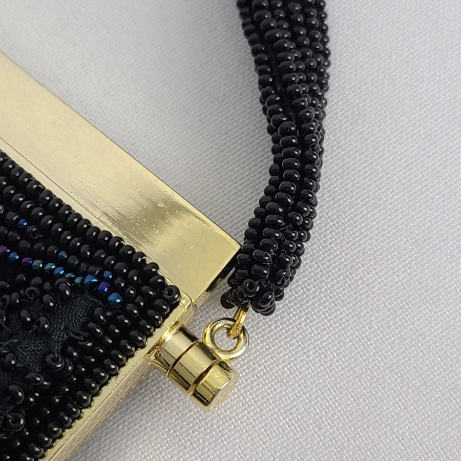 Vintage Black Beaded Mother Of Pearl Clutch Purse