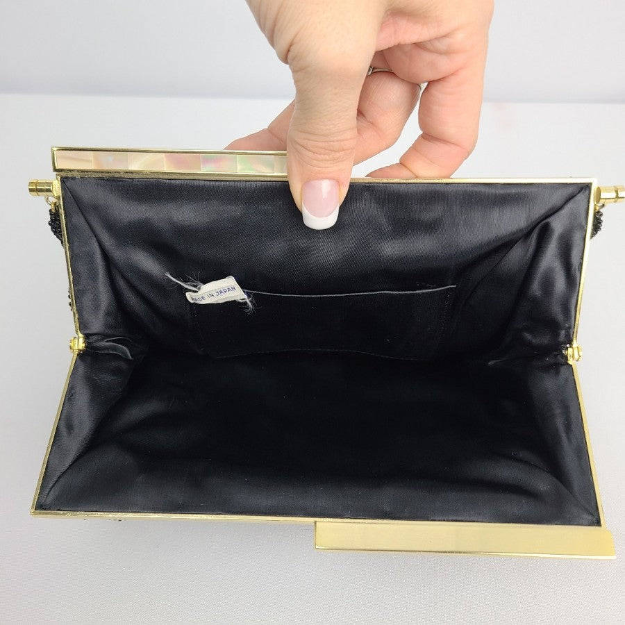 Vintage Black Beaded Mother Of Pearl Clutch Purse