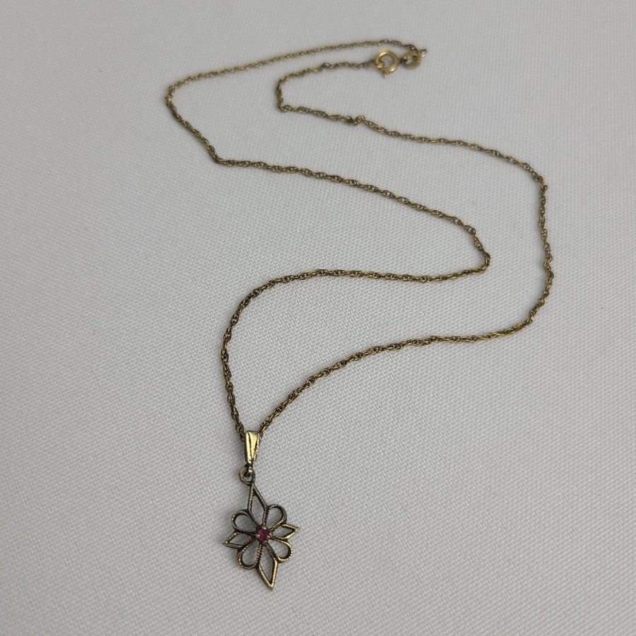 Vintage Gold Filled Necklace Dainty Flower Pendant Purple Gem Stone