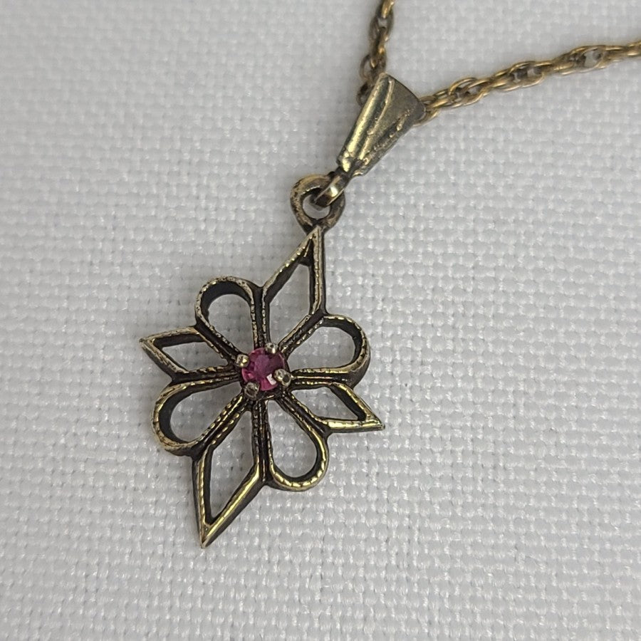 Vintage Gold Filled Necklace Dainty Flower Pendant Purple Gem Stone