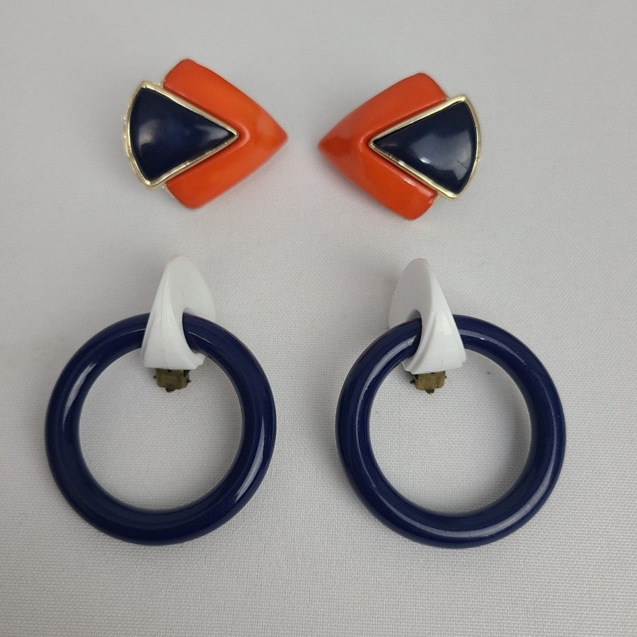 Vintage Clip-On Earrings Blue & Orange Statement Set of 2
