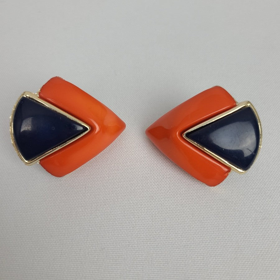 Vintage Clip-On Earrings Blue & Orange Statement Set of 2