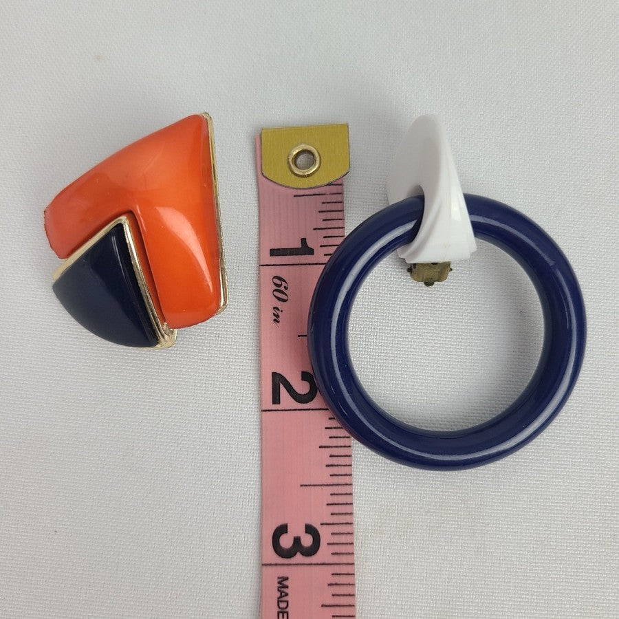Vintage Clip-On Earrings Blue & Orange Statement Set of 2
