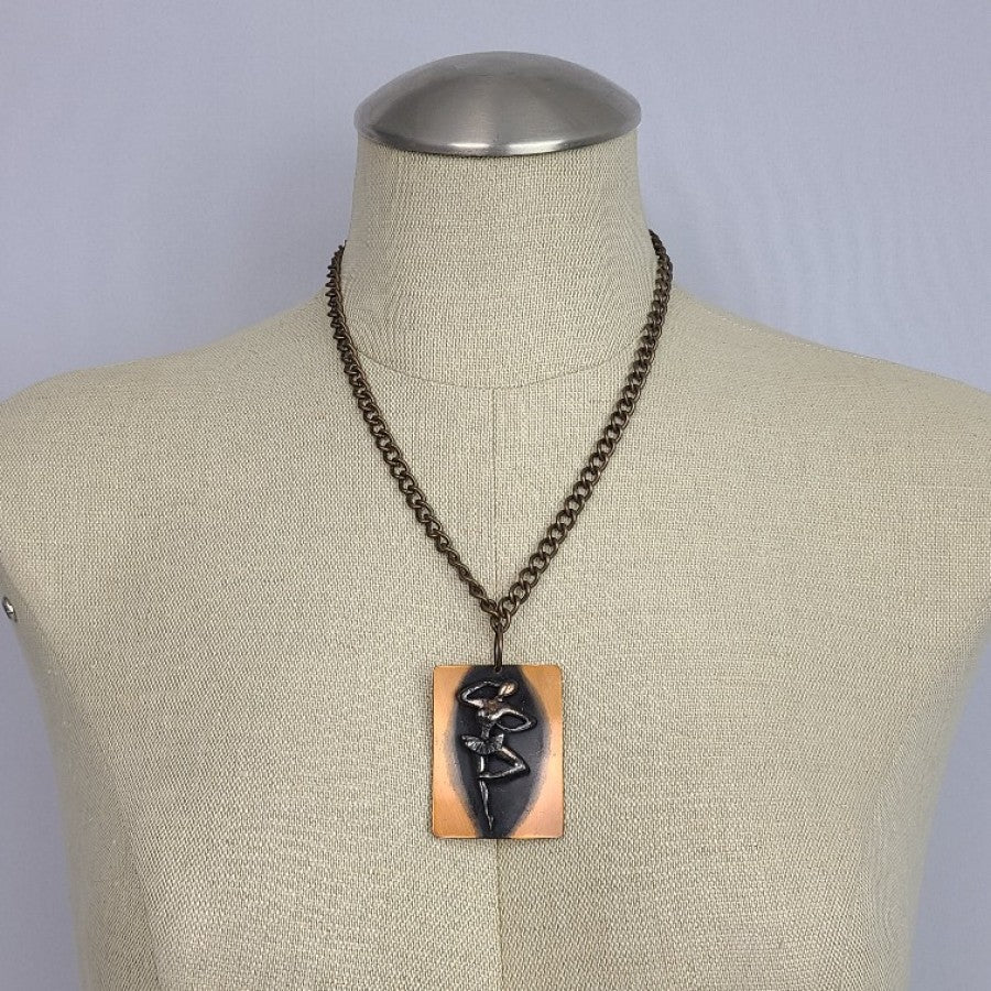 Vintage Copper Ballerina Pendant Brooch Chain Necklace