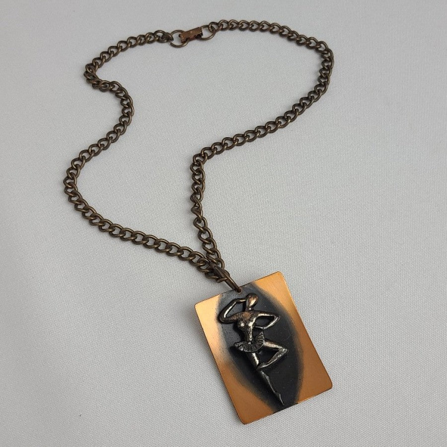 Vintage Copper Ballerina Pendant Brooch Chain Necklace