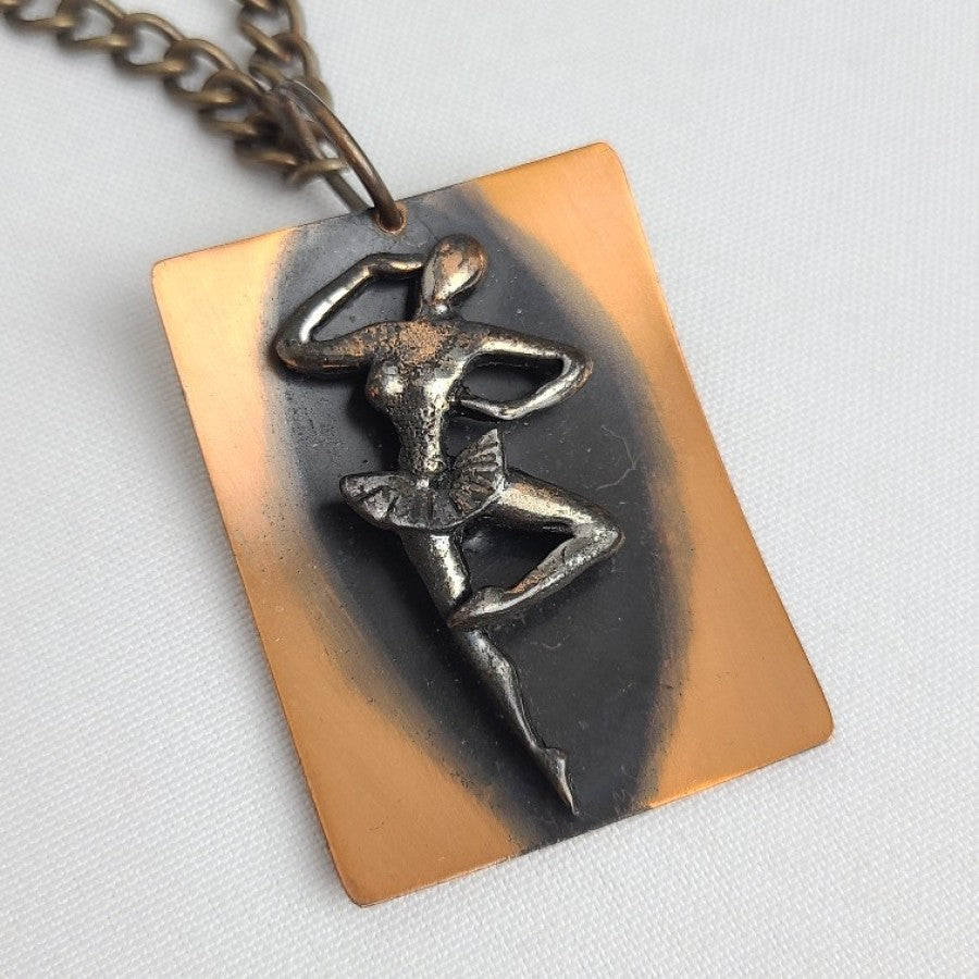 Vintage Copper Ballerina Pendant Brooch Chain Necklace