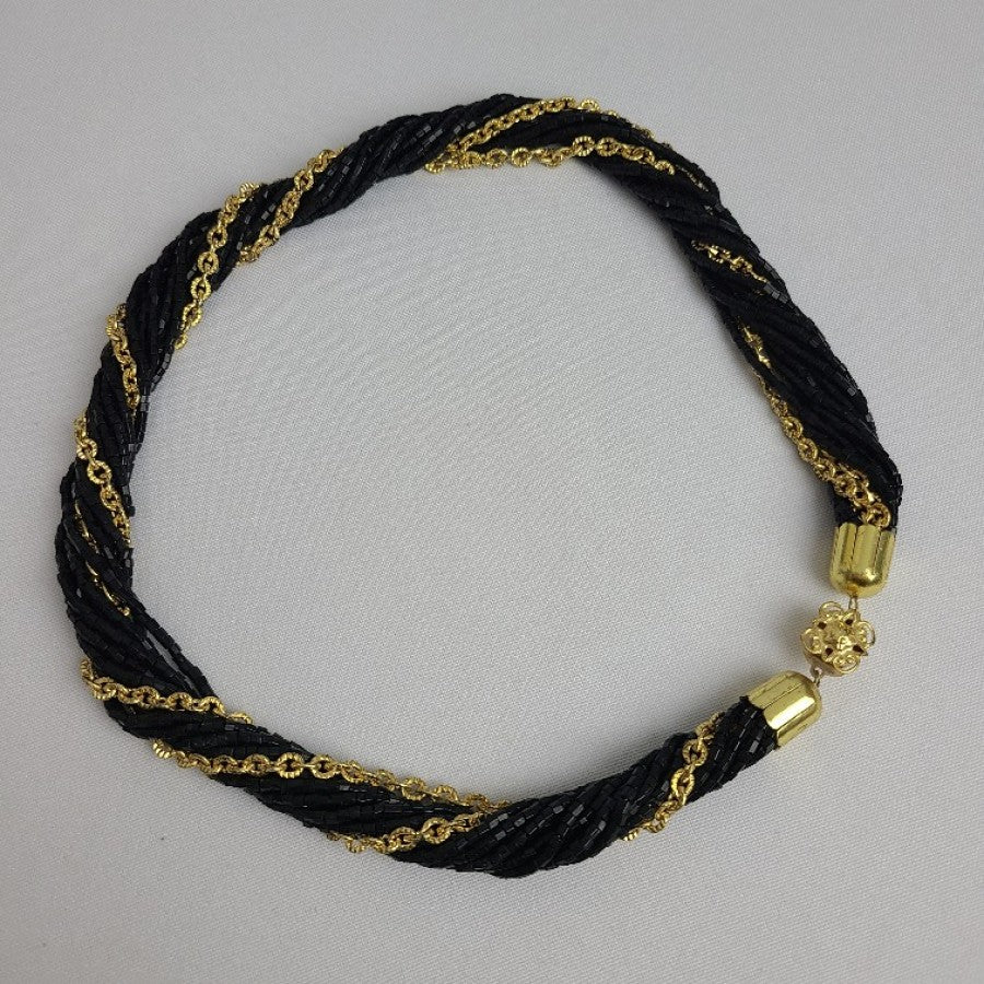 Vintage Black Glass Beads Gold Chain Collar Necklace