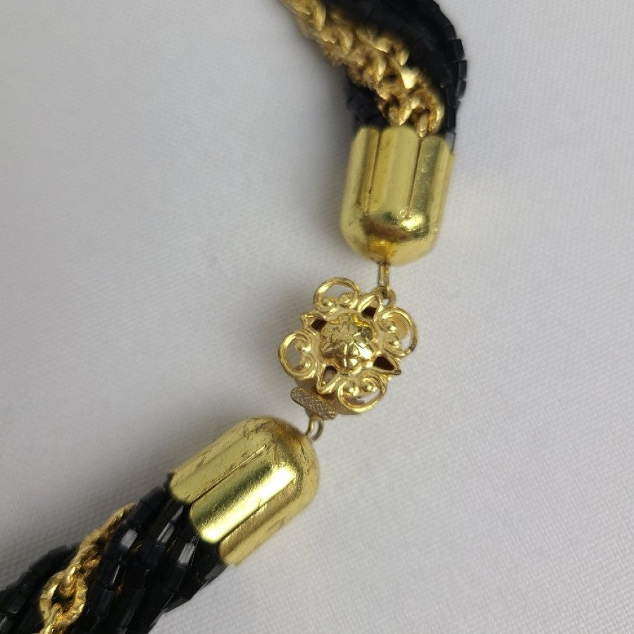 Vintage Black Glass Beads Gold Chain Collar Necklace