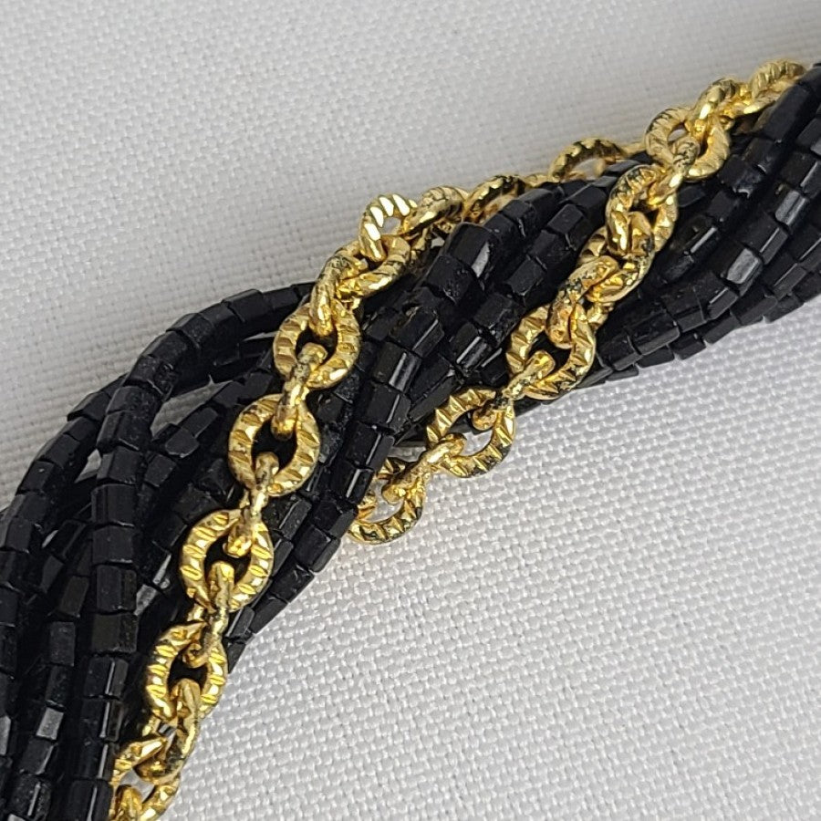 Vintage Black Glass Beads Gold Chain Collar Necklace