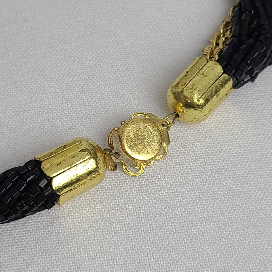 Vintage Black Glass Beads Gold Chain Collar Necklace