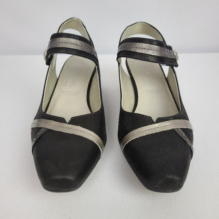 Dorking Black Able Strap Leather Low Heel Shoes Size 7