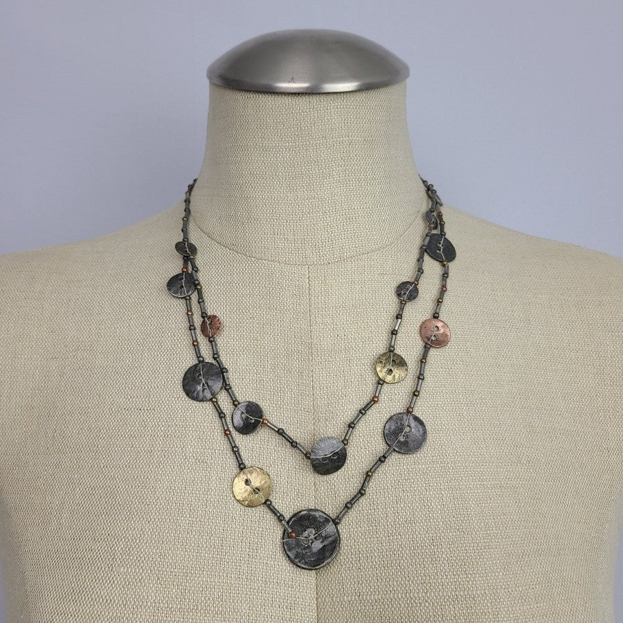 Multi Tone Layered Metallic Button Necklace