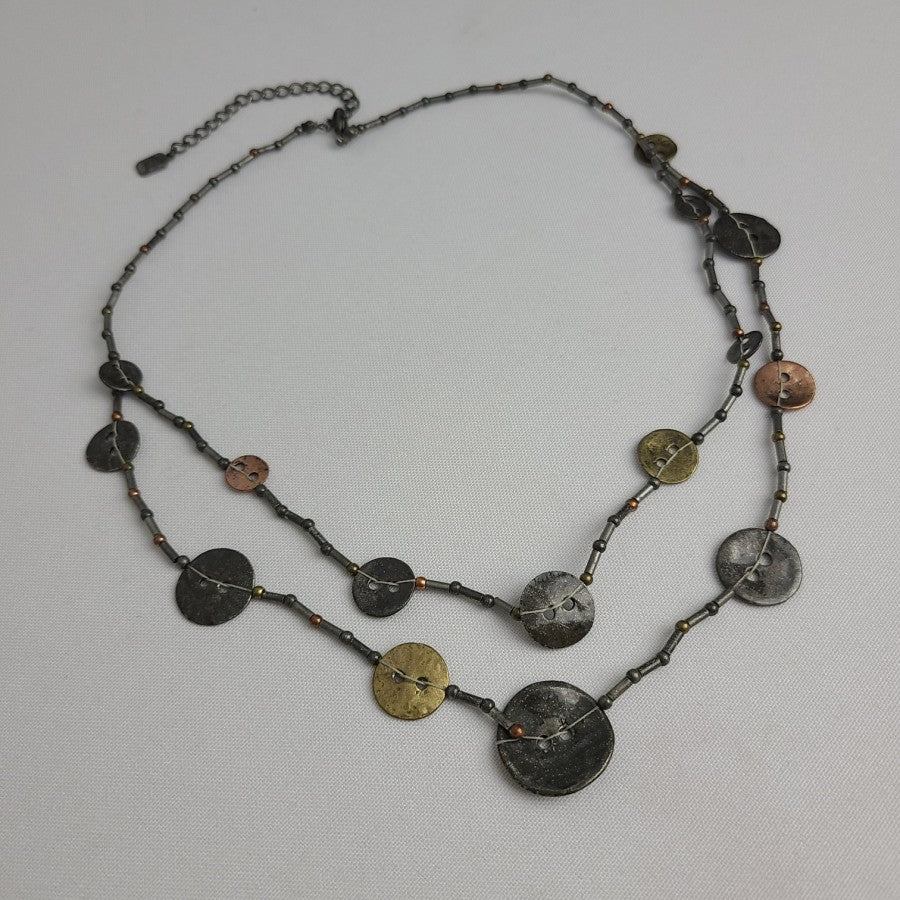 Multi Tone Layered Metallic Button Necklace