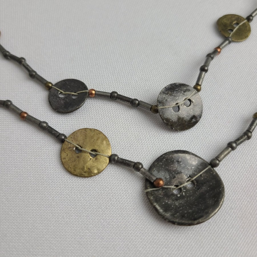 Multi Tone Layered Metallic Button Necklace