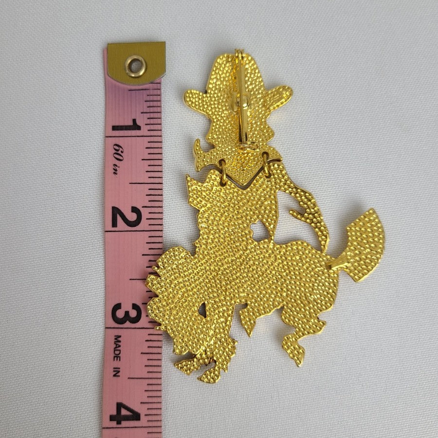 Gold Crown Cowboy Riding Horse Western Brooch Articulated Gold Tone