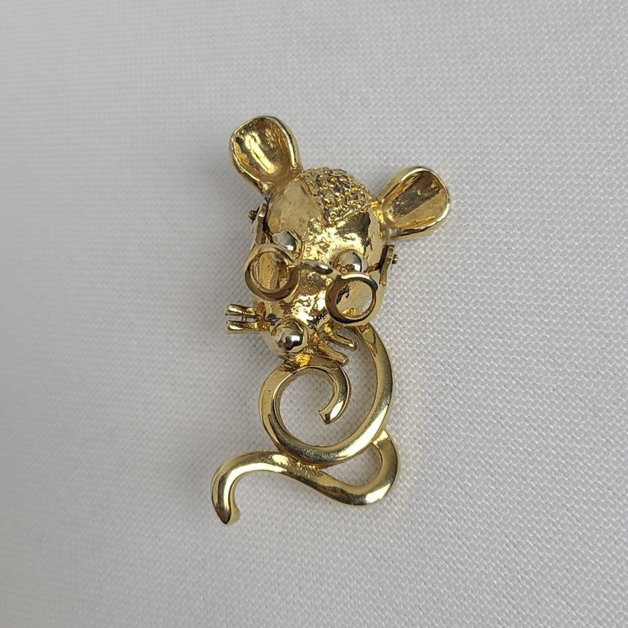 Vintage Mouse Wearing Glasses Articulated Brooch Gold Tone