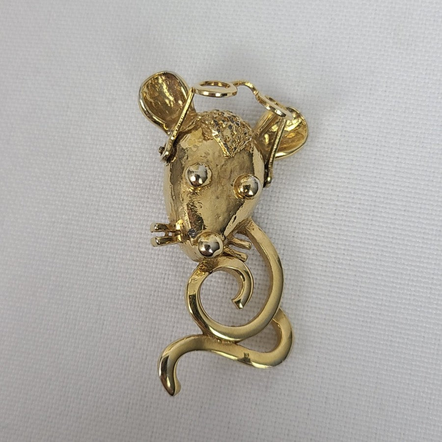 Vintage Mouse Wearing Glasses Articulated Brooch Gold Tone
