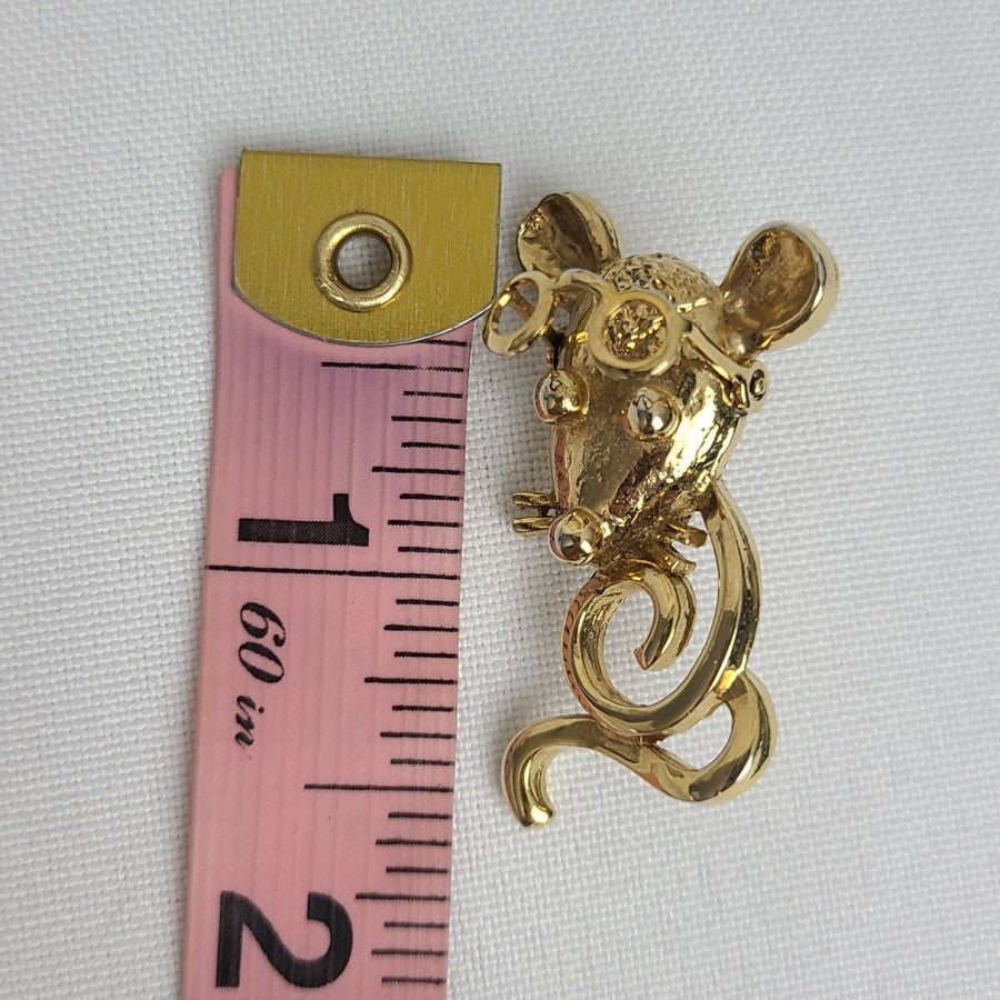 Vintage Mouse Wearing Glasses Articulated Brooch Gold Tone