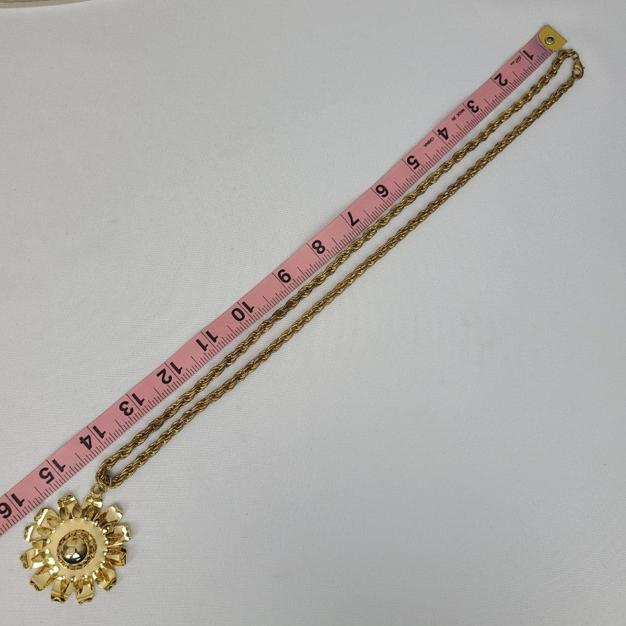 Vintage Flower Pendant Long Chain Necklace Gold Tone