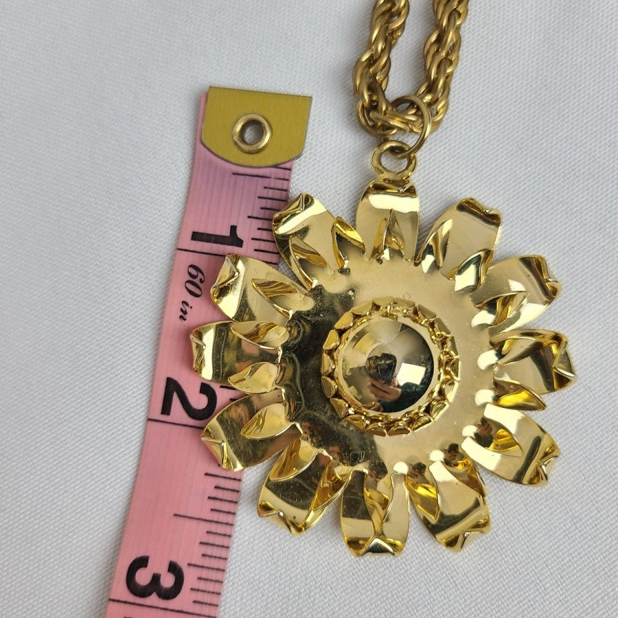 Vintage Flower Pendant Long Chain Necklace Gold Tone