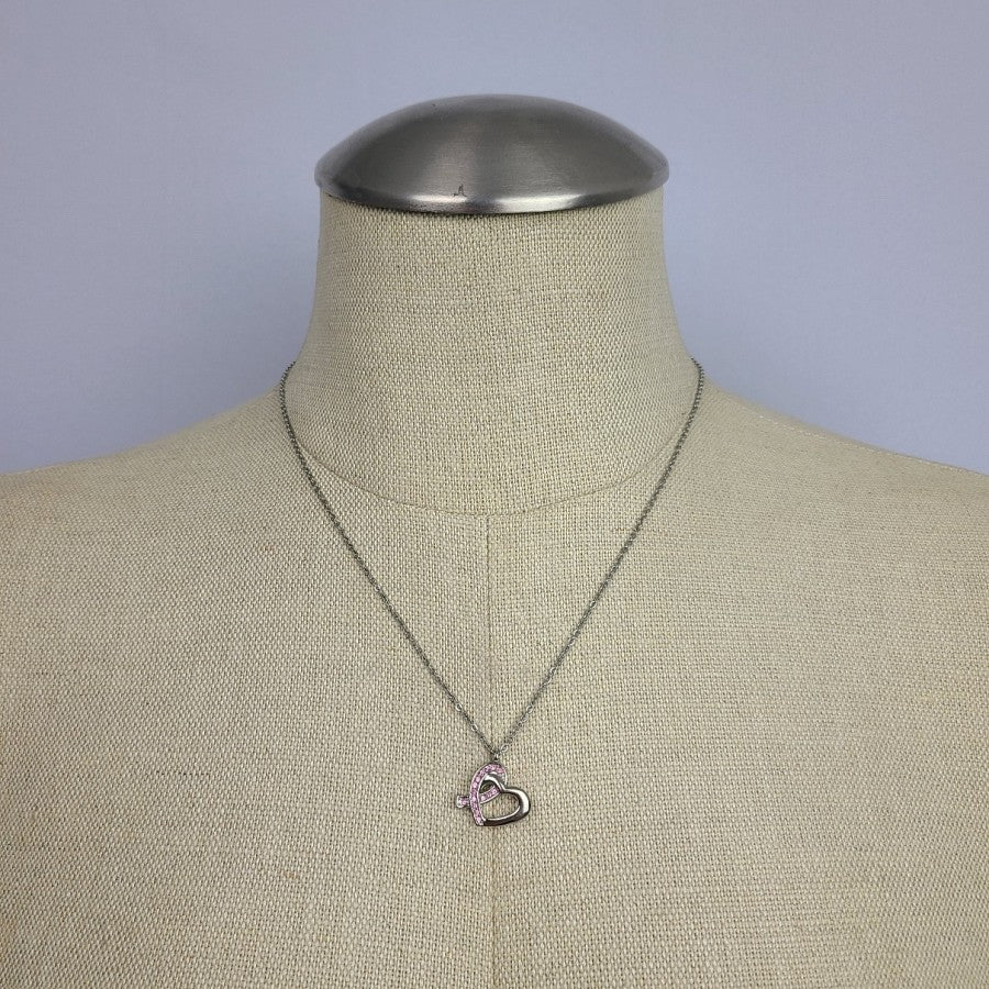 Silver & Pink Rhinestone Heart Dainty Pendant Necklace