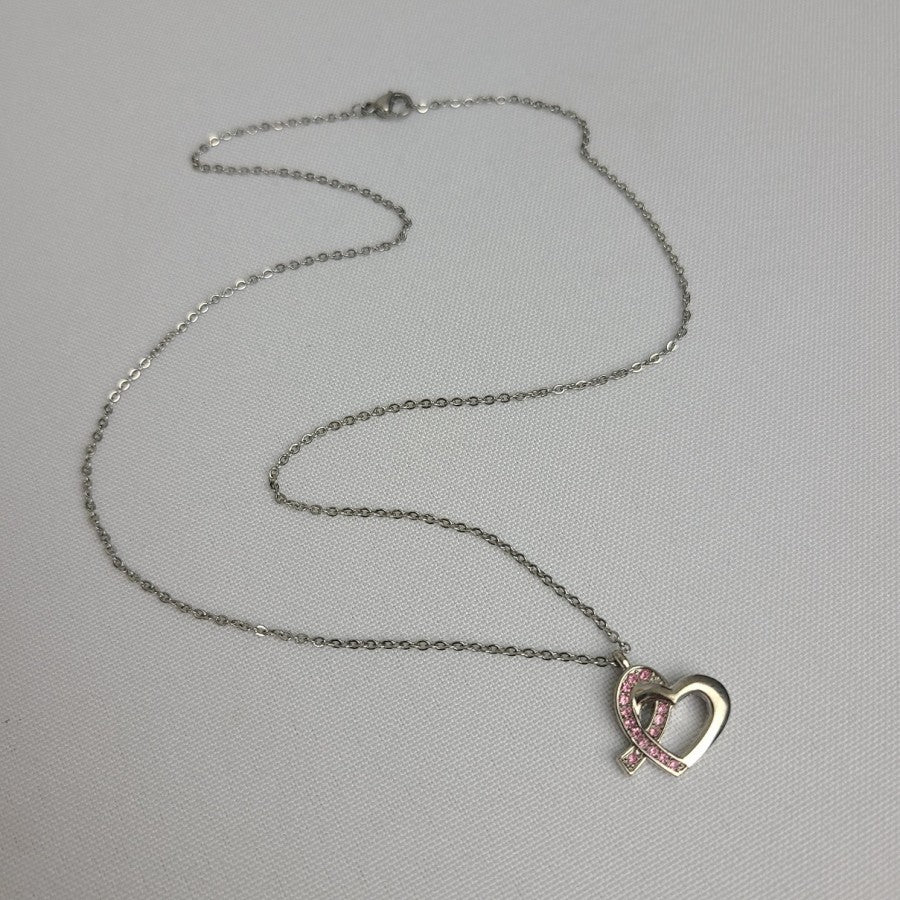 Silver & Pink Rhinestone Heart Dainty Pendant Necklace