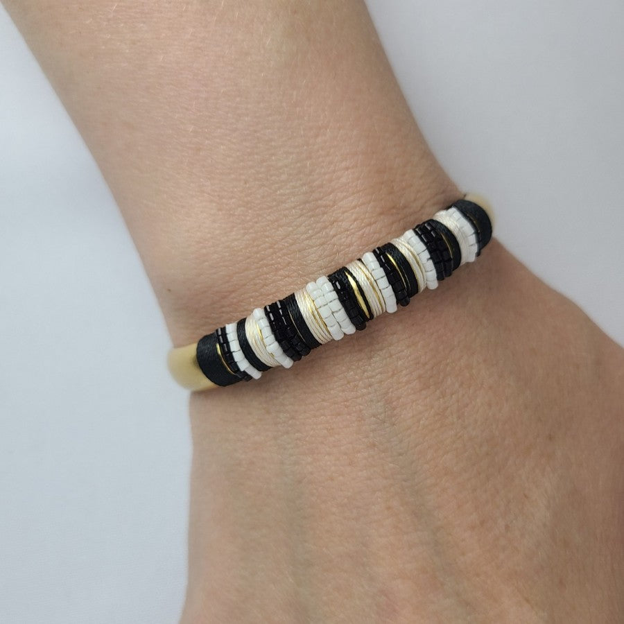 Stella & Dot Matt Gold Black Beaded Cuff Bracelet