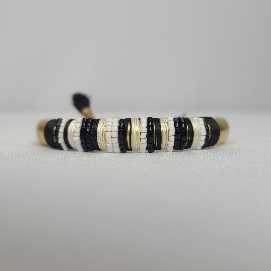 Stella & Dot Matt Gold Black Beaded Cuff Bracelet