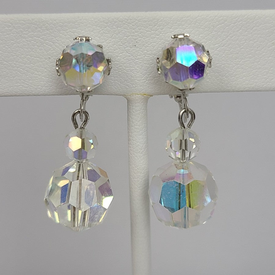 Vintage Glass Aurora Borealis Clip On Earrings