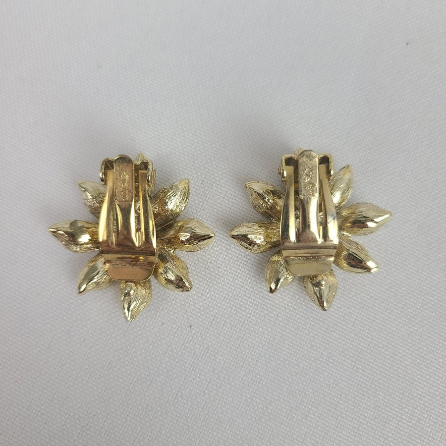 Vintage Judy Lee Gold Flower Rhinestone Clip On Earrings