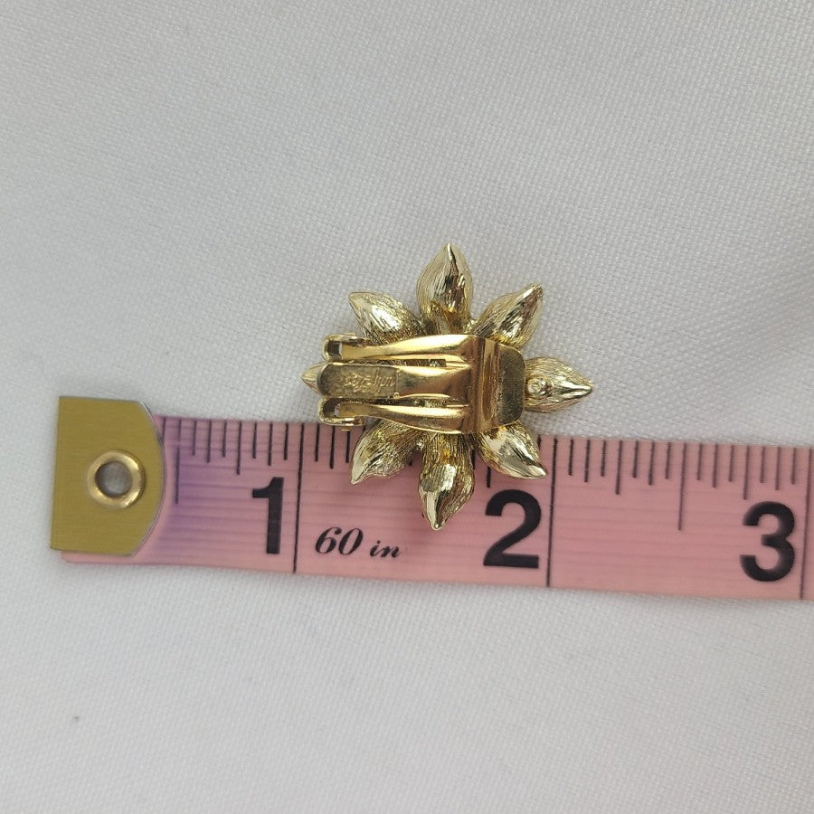 Vintage Judy Lee Gold Flower Rhinestone Clip On Earrings