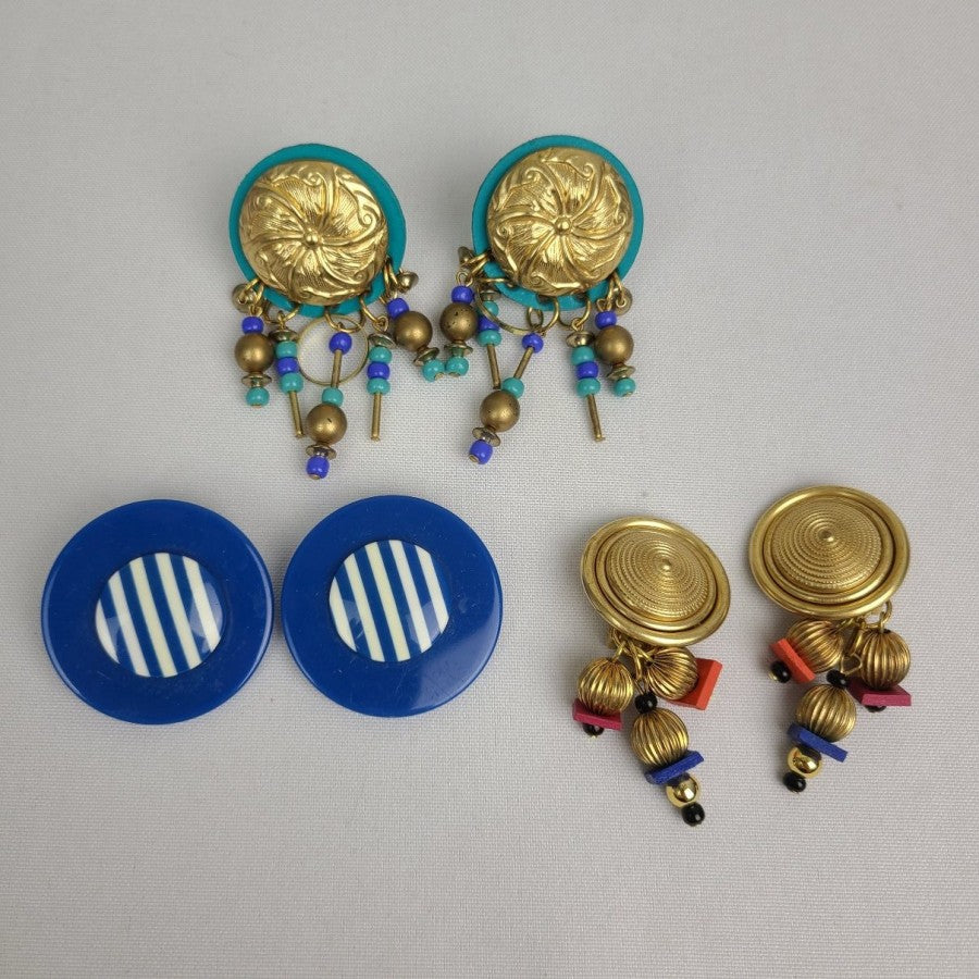 Vintage 80s Blue & Gold Clip On Earrings 3 Pairs