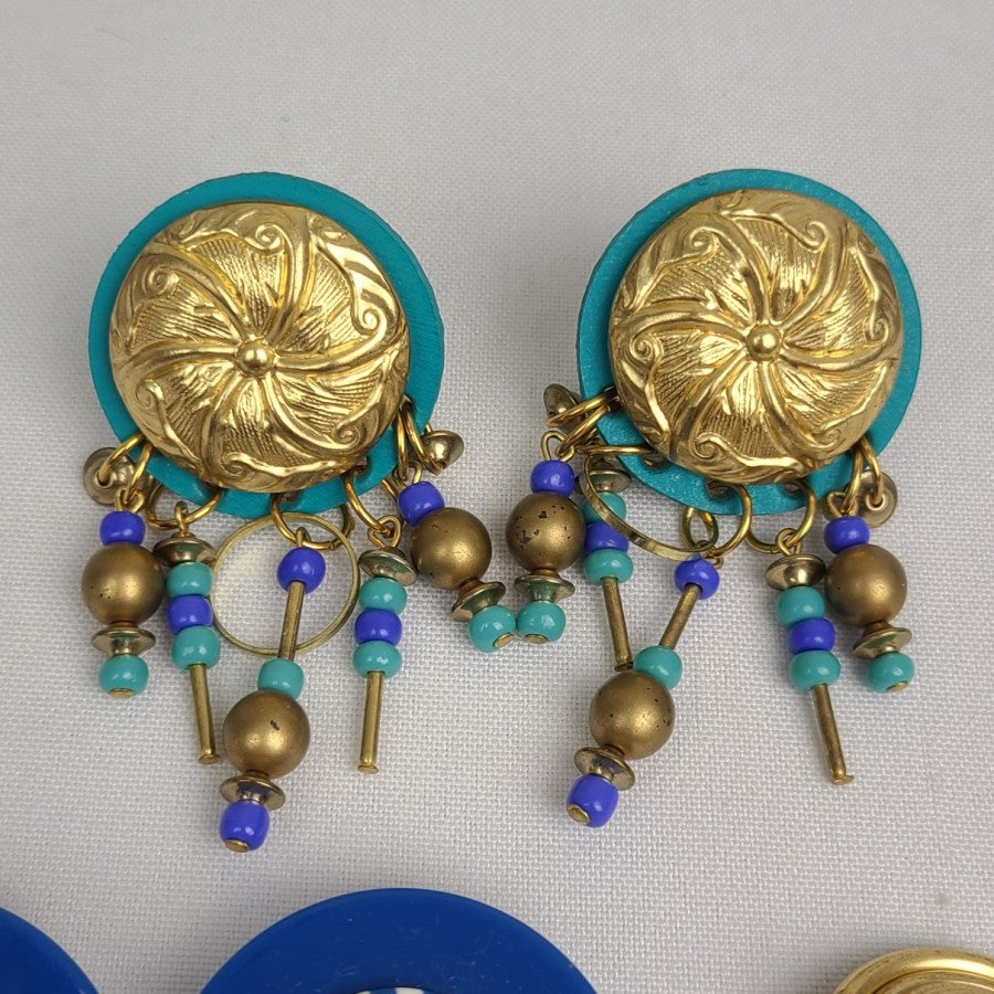 Vintage 80s Blue & Gold Clip On Earrings 3 Pairs